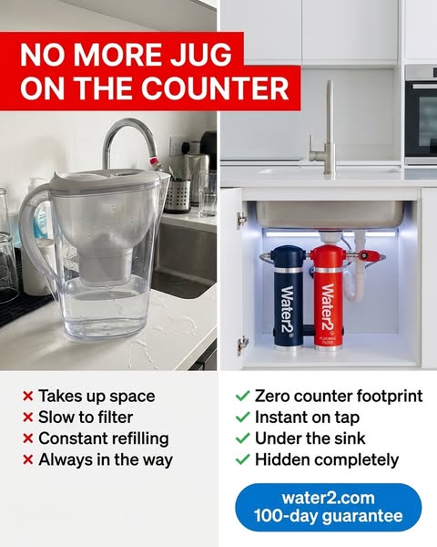 This ad contrasts the traditional water filter jug with the Water2 under-sink water filtration system.