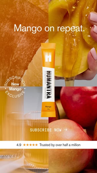 This ad for Humantra highlights their new mango flavor. The ad shows a packet of the electrolyte drink mix surrounded by