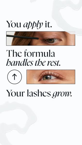 An image ad for a lash growth product that uses an image of an eye during application, then an upward arrow, then an eye