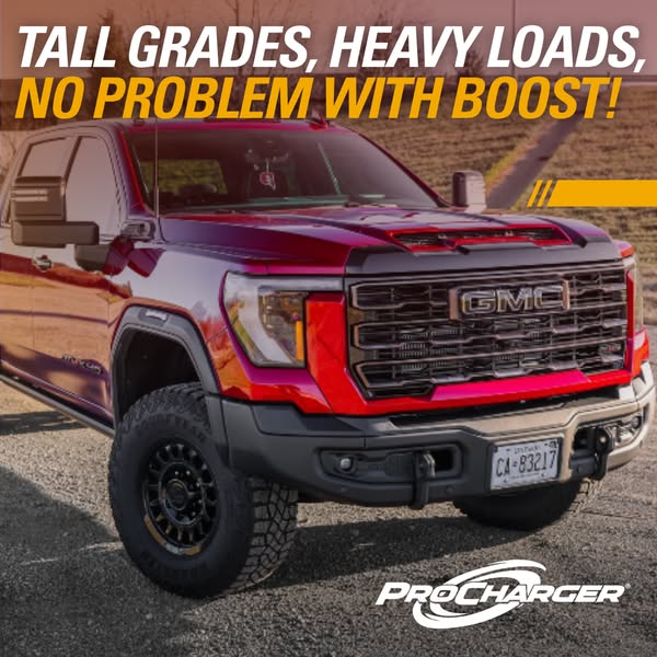 This image ad showcases a red GMC truck equipped with a ProCharger supercharger system. The ad emphasizes the power and 
