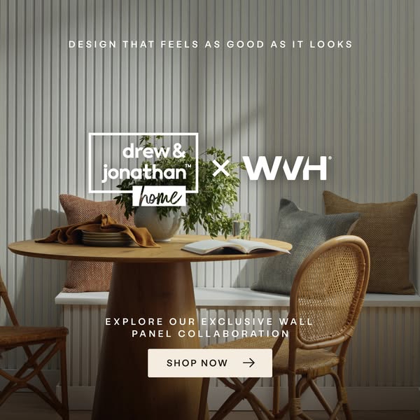 This image ad promotes a collaboration between Drew & Jonathan Home and WWH for exclusive wall panels, emphasizing t
