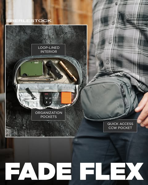 This ad showcases Eberlestock's Fade Flex bag, emphasizing its loop-lined interior, organization pockets, and quick 