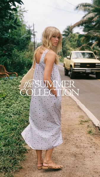 This ad for the Summer Collection features a woman walking on the side of a road with text overlayed on the image to hig