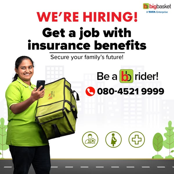 This image ad promotes hiring for bigbasket delivery riders. It highlights the benefits of the job, such as insurance, a
