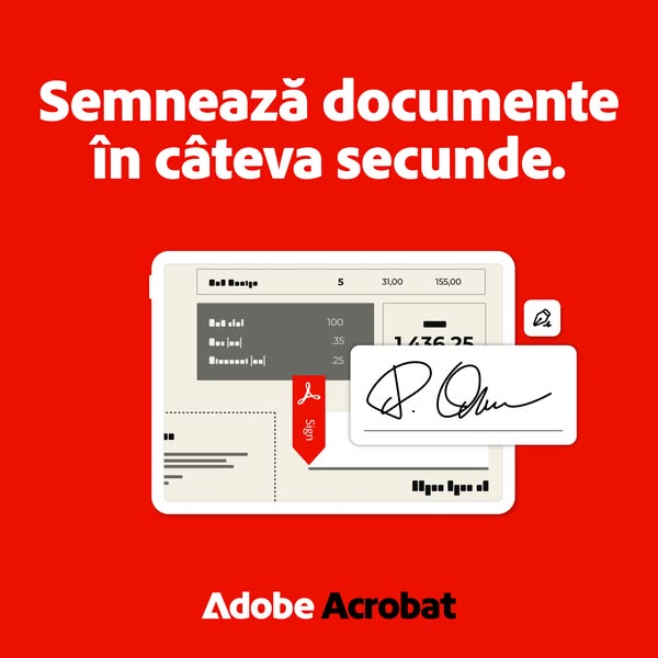This ad promotes Adobe Acrobat and its ability to sign documents. The ad shows a tablet with a document on its screen. O