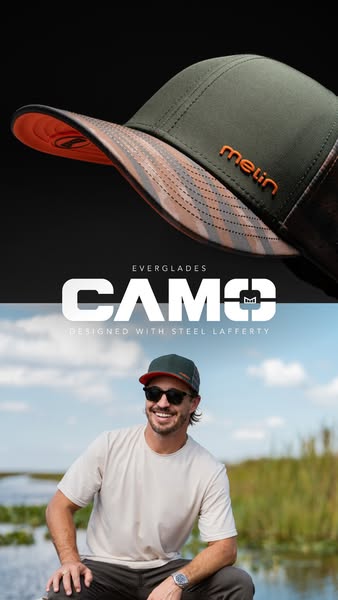 This ad uses a split-screen design to showcase a Melin brand hat. The top half of the ad features a detailed view of the