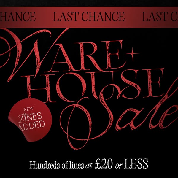 This ad promotes a warehouse sale where customers can find hundreds of items priced at £20 or less.