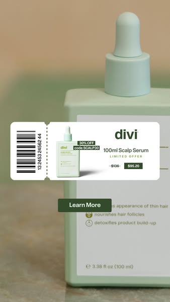 This ad promotes Divi's 100ml Scalp Serum with a limited-time offer. The ad uses a coupon-style visual to highlight 
