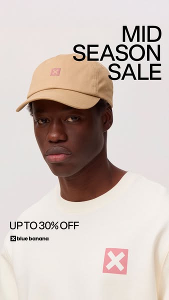 An ad showcasing apparel and accessories, with an offer for up to 30% off during a mid-season sale.