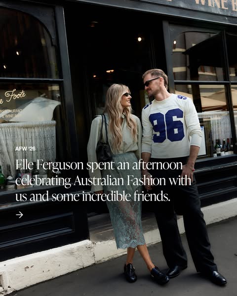 This image ad features Elle Ferguson celebrating Australian fashion with friends. The photo appears to be shot outside a