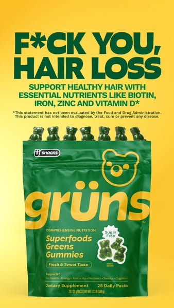 This image ad is promoting "grüns" Superfoods Greens Gummies as a dietary supplement to support healthy hair. 