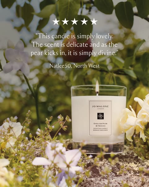 This ad for Jo Malone London promotes the English Pear & Freesia scented candle using a testimonial from a customer 
