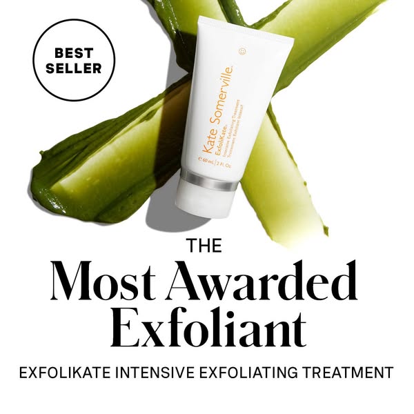 The ad promotes Kate Somerville's ExfoliKate Intensive Exfoliating Treatment as the most awarded exfoliant. It featu