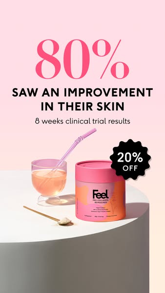 This ad for Feel Pro Collagen Reimagined highlights the product's ability to improve skin, citing clinical trial res