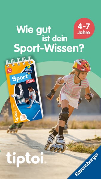 This ad promotes the tiptoi Sport Quiz by Ravensburger. The ad features a child on roller blades in the background, with