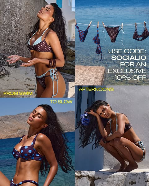This ad for a swimwear brand features a collage of four photos of a model wearing a polka dot bikini set against a coast