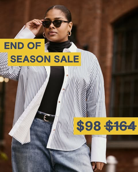This ad promotes an end-of-season sale for clothing. A person wearing a striped shirt and jeans is shown.