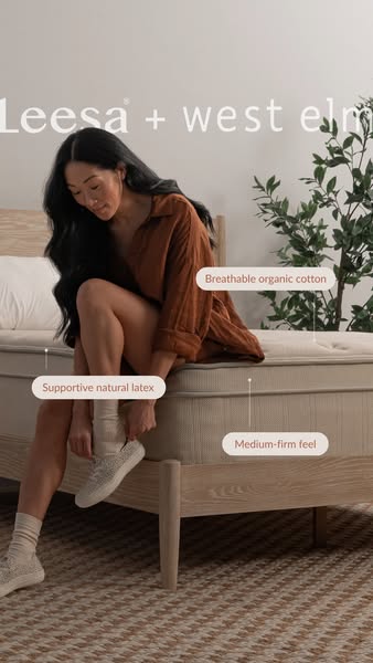 This ad showcases a Leesa + West Elm mattress, highlighting its breathable organic cotton, supportive natural latex, and
