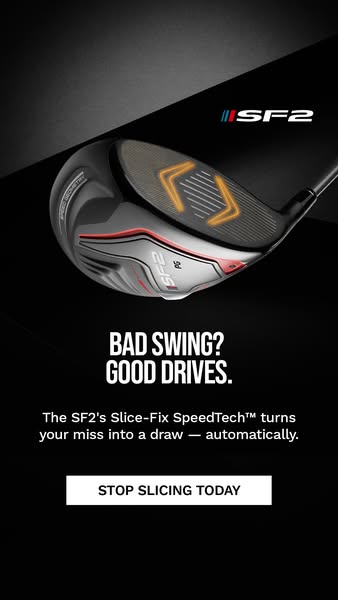 This ad is for the SF2 golf driver which automatically turns your miss into a draw. It includes an image of the club, an