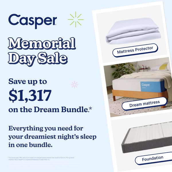 This ad is for Casper's Memorial Day Sale, offering savings of up to $1,317 on their Dream Bundle, which includes a 