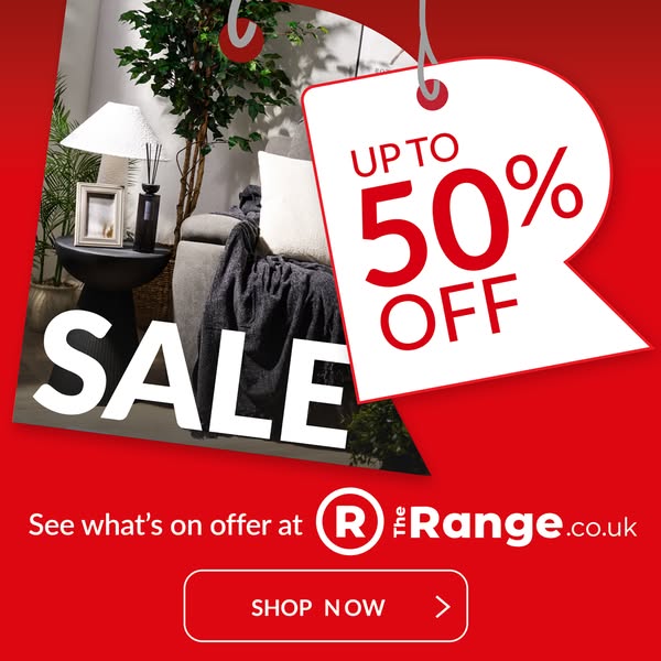 This ad promotes a sale at The Range, featuring a discount of up to 50% off. The visual showcases a styled living room s
