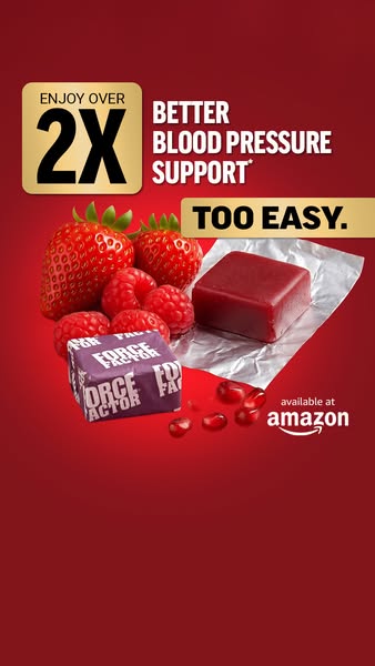 The ad promotes a supplement that supports blood pressure levels, emphasizing its ease of consumption. It features an im