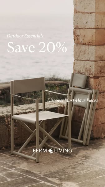 This ad promotes Ferm Living's outdoor essentials with a 20% discount, showcasing the brand's stylish and functi