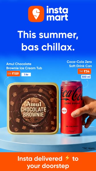 An image ad for Instamart featuring Amul Chocolate Brownie Ice Cream Tub and Coca-Cola Zero Soft Drink Can to promote th