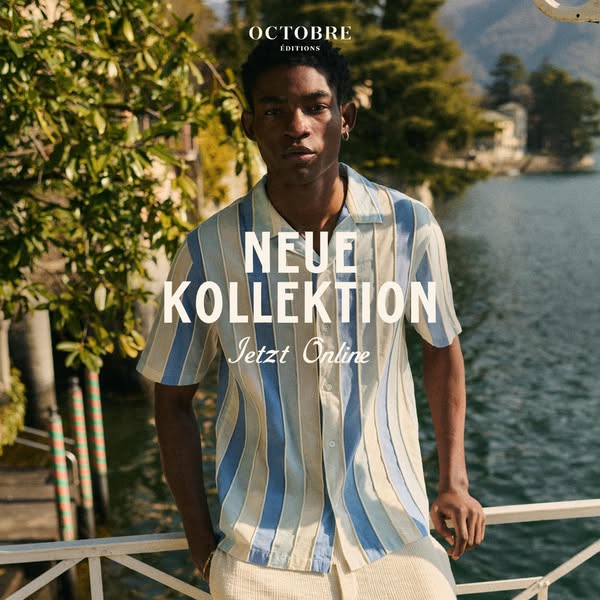 This image ad showcases a man wearing a blue and beige striped shirt and beige pants by Octobre Editions. The text overl