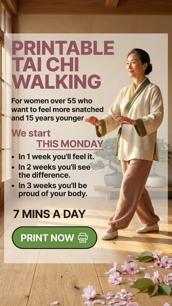 This image ad is for a printable Tai Chi walking guide, targeting women over 55 who want to feel 'more snatched and 