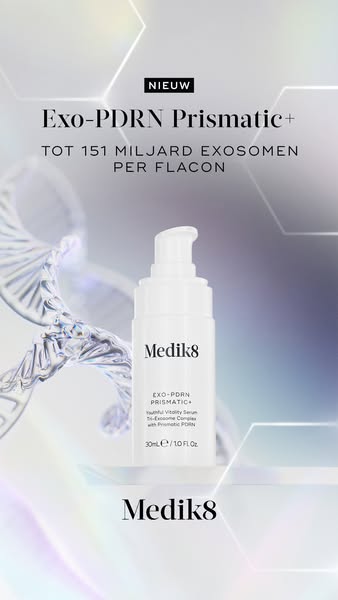 This image promotes the Medik8 Exo-PDRN Prismatic+ serum by showcasing its key ingredients and packaging.