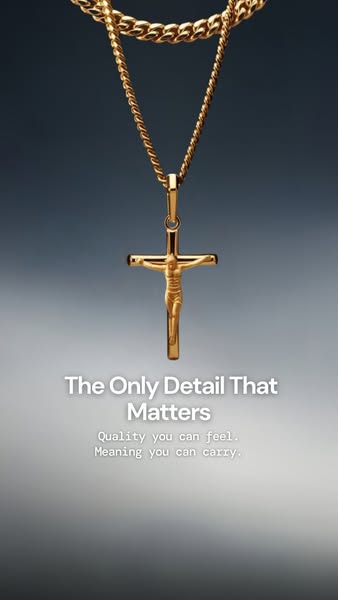 The ad features a close-up of a gold chain necklace with a gold crucifix pendant. The ad promotes quality you can feel a