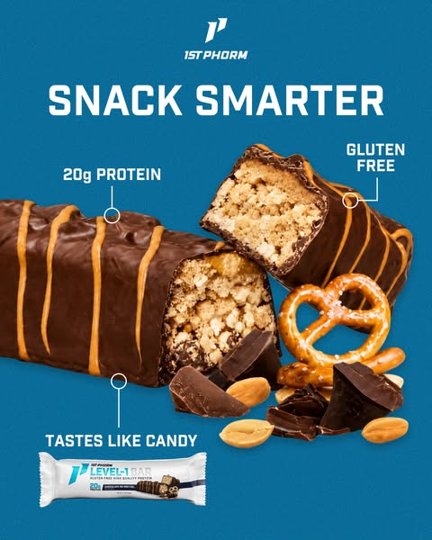 This ad showcases the 1st Phorm Level-1 Bar, emphasizing its high protein content and candy-like taste. The ad promotes 