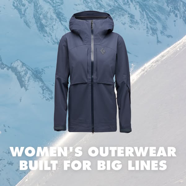 This ad for women's outerwear features a jacket in front of a snowy mountain backdrop.