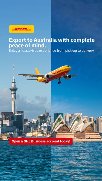 This image ad by DHL promotes their export services to Australia. It features a split-screen design showcasing skylines 