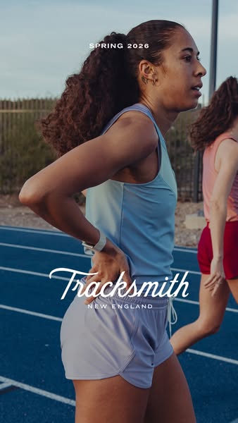 This ad for Tracksmith promotes athletic wear. The ad shows two runners on a track with the brand name overlaid on the i