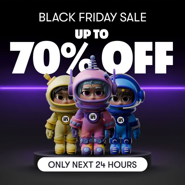 A Black Friday sale is being advertised. There are three astronaut figures in different colors placed on a black pedesta