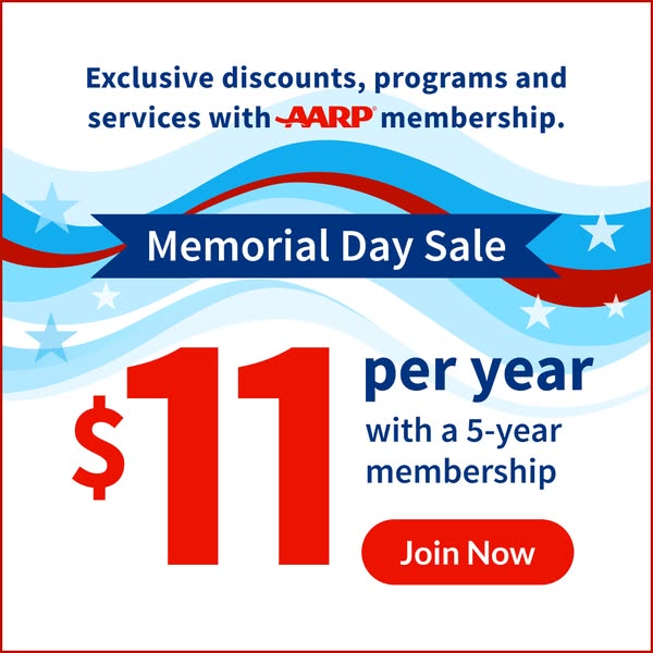 The ad promotes AARP membership, highlighting an exclusive Memorial Day Sale discount of $11 per year with a 5-year memb