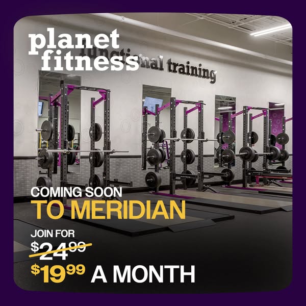 This image ad announces the opening of a new Planet Fitness location. It shows an image of gym equipment at the location