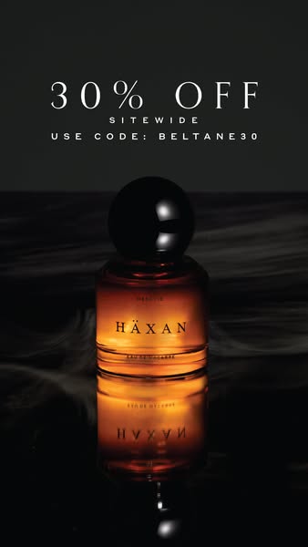 This ad for Häxan promotes 30% off sitewide with code BELTANE30. The ad features a moody, high-contrast image of a bottl