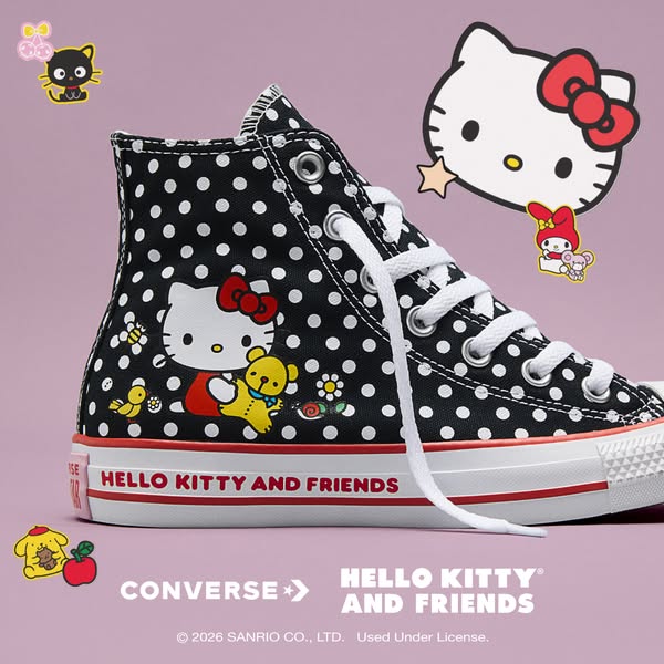 This ad showcases a high-top Converse sneaker with a Hello Kitty and Friends design. The image features the sneaker prom