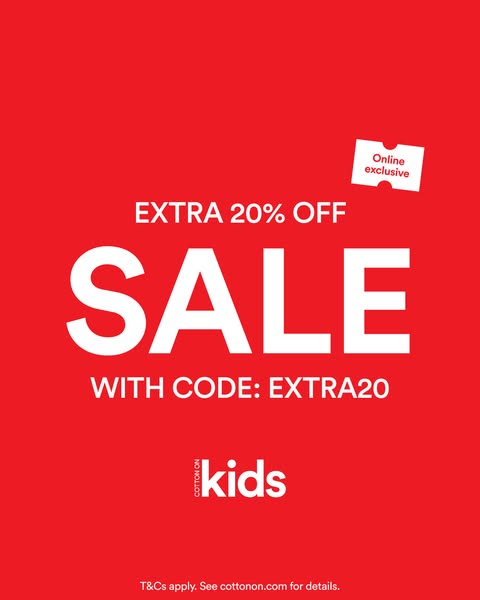 The ad promotes an online exclusive sale from Cotton On Kids, offering an extra 20% off with the code EXTRA20. The desig