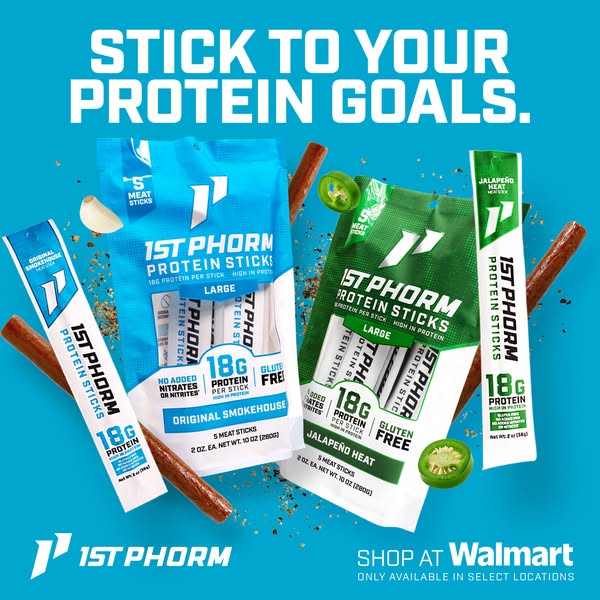 This ad promotes 1st Phorm protein sticks, showcasing two flavors: Original Smokehouse and Jalapeño Heat. The ad encoura