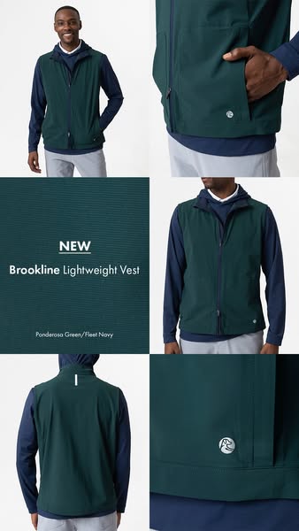An ad presenting the Brookline Lightweight Vest in Ponderosa Green/Fleet Navy.