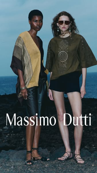 An image ad shows two women modeling outfits from Massimo Dutti. The ad emphasizes the neutral tones and flowing fabrics