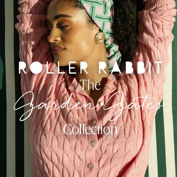 This ad for Roller Rabbit's 'The Garden Gates' collection features a woman in a pink cardigan and matching p