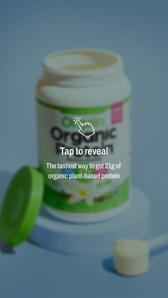 This ad promotes Orgain's organic plant-based protein powder. The ad features a blurred image of the product with a 