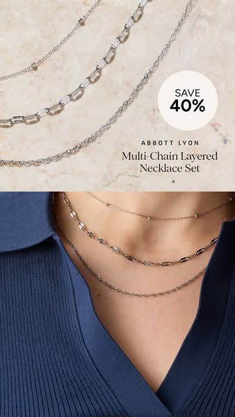 This ad showcases the Abbott Lyon Multi-Chain Layered Necklace Set and offers 40% off. The ad features a close-up of the