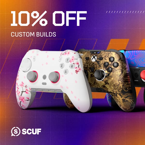 This image ad is promoting Scuf custom controllers with an offer of 10% off. The ad features multiple controller designs