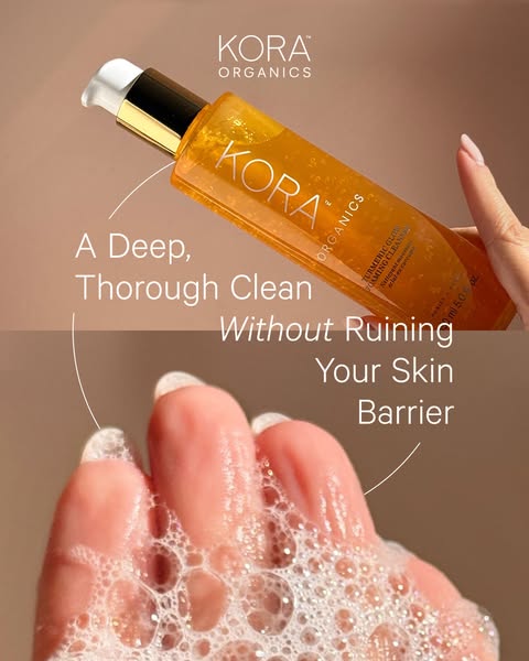 This ad for Kora Organics features an image of a woman's hand covered in cleanser. The text highlights the ability o